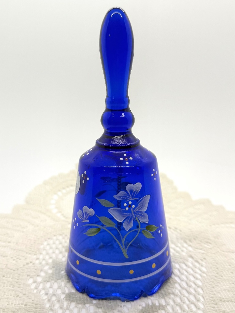 Fenton Signed Art Glass Cobalt Blue Glass Bell Handpainted White Floral Accents